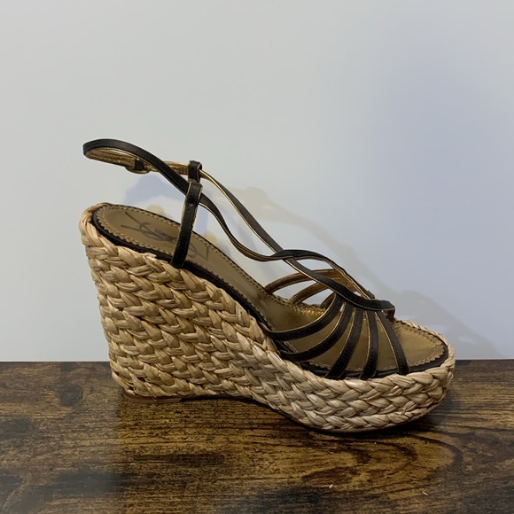 YSL platform wedge sandal black braided straw metallic gold - Picture 3 of 15